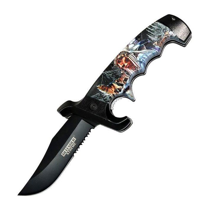 Defender-Xtreme 9″ Indian Tribe & Wolves – Folding Knife Belt Clip [13798]