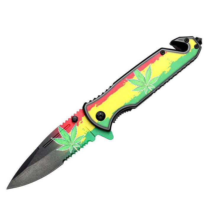 8″ Green Leaves – Folding Knife W/ Belt Cutter [13872]