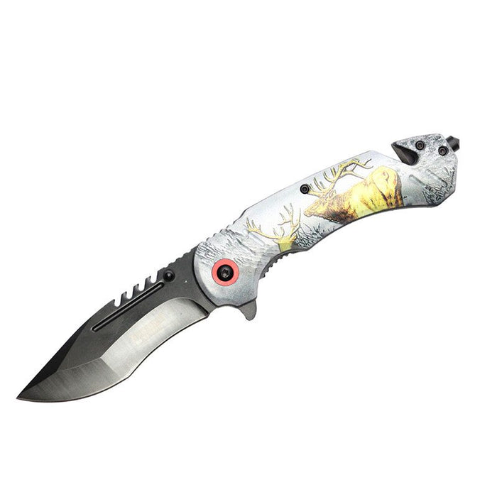 Defender-Xtreme 8″ Deer Design Handle Folding Knife W/ Belt Cutter [13890]