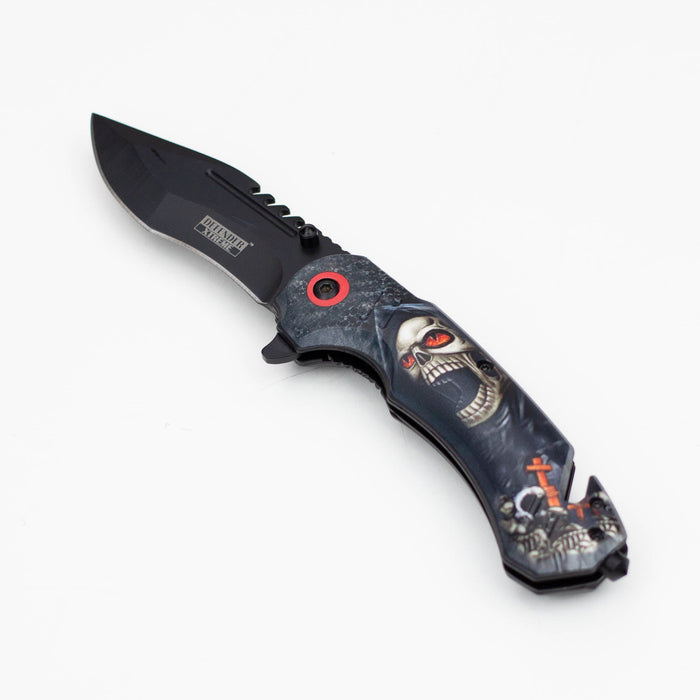 8" Defender-Xtreme Death  Design Handle Folding Knife W/  Belt Cutter [13887]