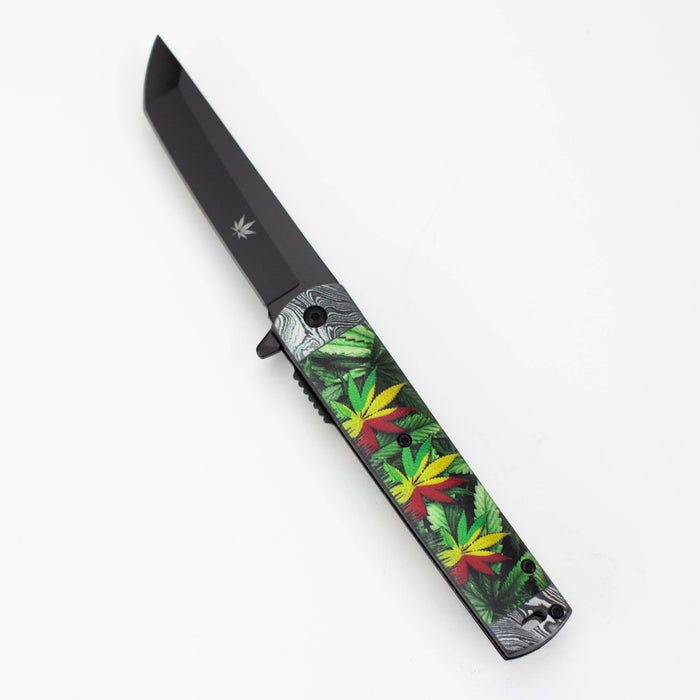 8" Leaves Design Handle Black Blade Folding Knife [13880]