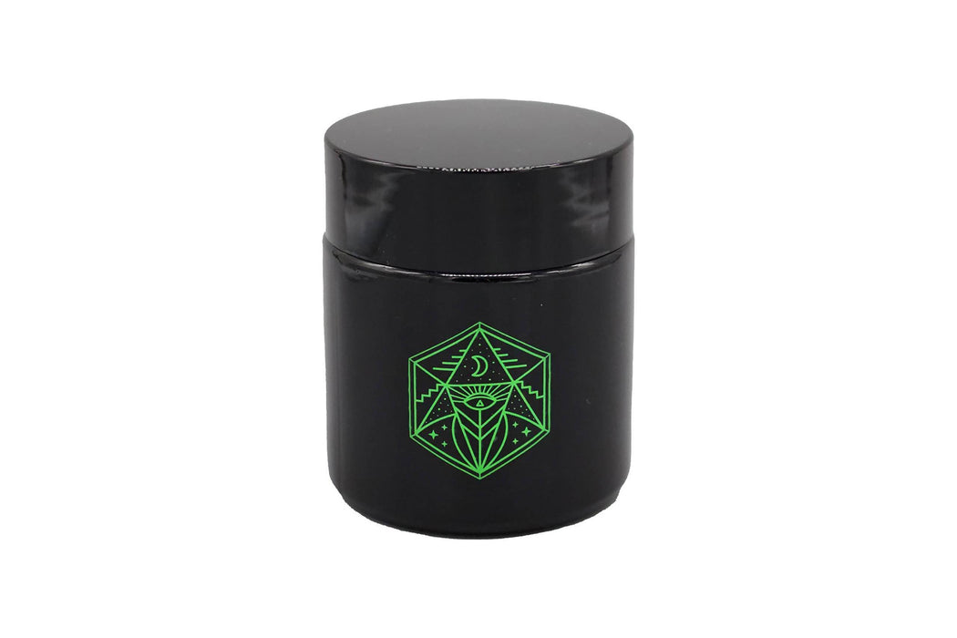 Small Glass Storage Jar and Lid - Real Printed Artwork - UV Protection - Helps Keep Goods Fresh with Light Protection- Tinted Black - 100 ml - Ancient Symbol Design - Accessories By Leaf-Way Brand Jar Leaf-Way Store