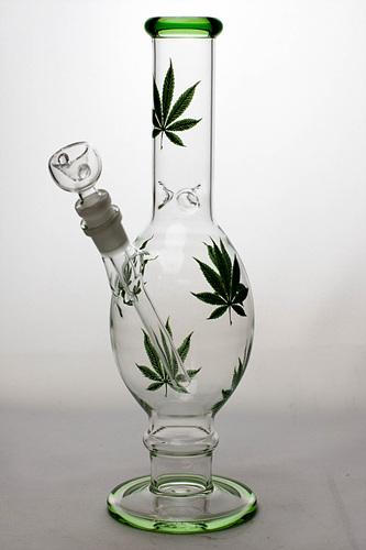 12" leaf printed oval shape glass water bong-Green - One Wholesale
