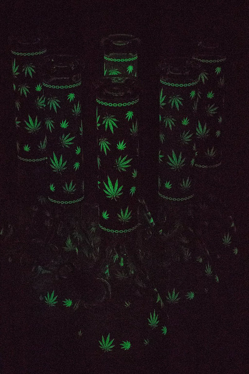 14" Leaf Pattern Glow in the dark 7 mm glass bong Beaker Bong ONE