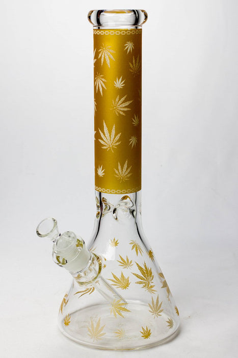 14" Leaf Pattern Glow in the dark 7 mm glass bong-Gold - One Wholesale