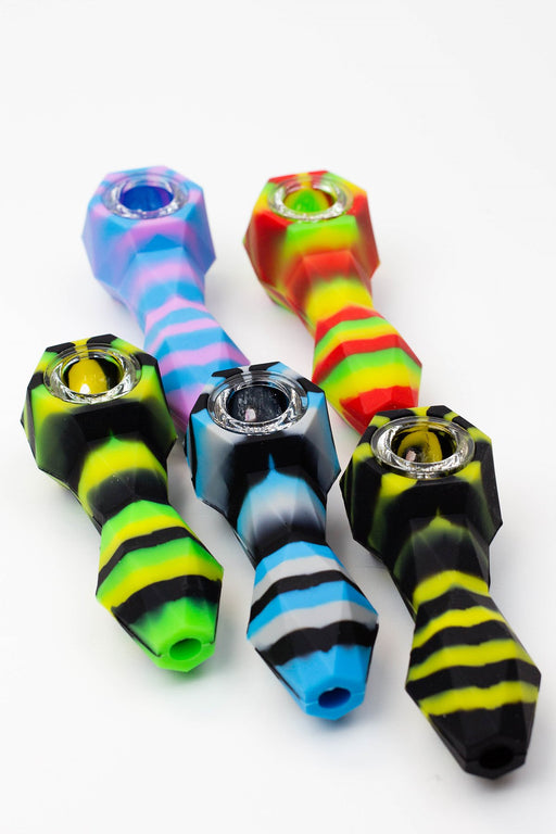 Multi colored Silicone hand pipe with glass bowl- - One Wholesale