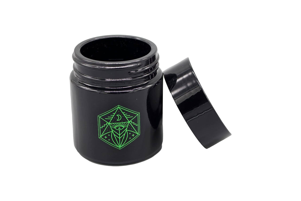 Small Glass Storage Jar and Lid - Real Printed Artwork - UV Protection - Helps Keep Goods Fresh with Light Protection- Tinted Black - 100 ml - Ancient Symbol Design - Accessories By Leaf-Way Brand Jar Leaf-Way Store