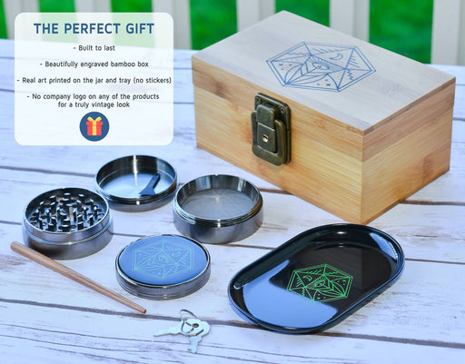 Vintage Stash Box Bundle - Ancient Symbol Design - Grinder - Rolling Tray - Airtight & UV Protecting Glass Jar - Accessory Gift Kit - Secure Storage Box - Lock & Key - Leaf-Way Brand Accessories Bundle Leaf-Way Store