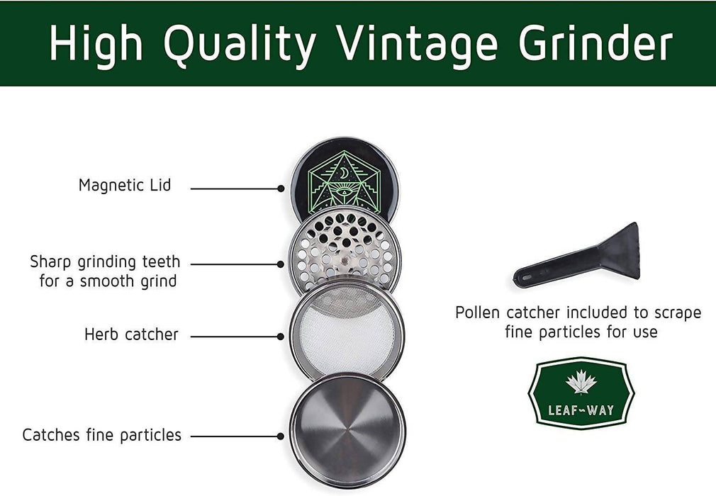 6.3 cm (2.5 inch) Spice Grinder, 4 Part, Vintage, Ancient Symbol Design, Magnetic Lid, Durable Zinc Alloy, Pollen Catcher - Leaf-Way Brand Accessories Regular Grinder Leaf-Way Store