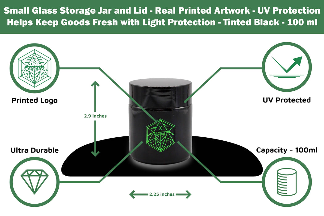 Small Glass Storage Jar and Lid - Real Printed Artwork - UV Protection - Helps Keep Goods Fresh with Light Protection- Tinted Black - 100 ml - Ancient Symbol Design - Accessories By Leaf-Way Brand Jar Leaf-Way Store