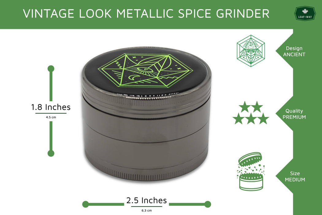 6.3 cm (2.5 inch) Spice Grinder, 4 Part, Vintage, Ancient Symbol Design, Magnetic Lid, Durable Zinc Alloy, Pollen Catcher - Leaf-Way Brand Accessories Regular Grinder Leaf-Way Store